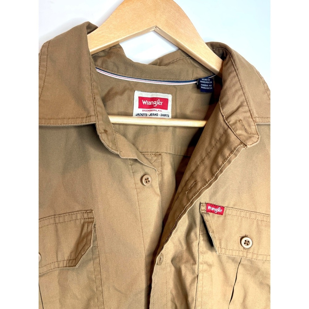 Wrangler Mens Long Sleeve Button Up Utility Work Shirt Tan Double Pocket Size L‎